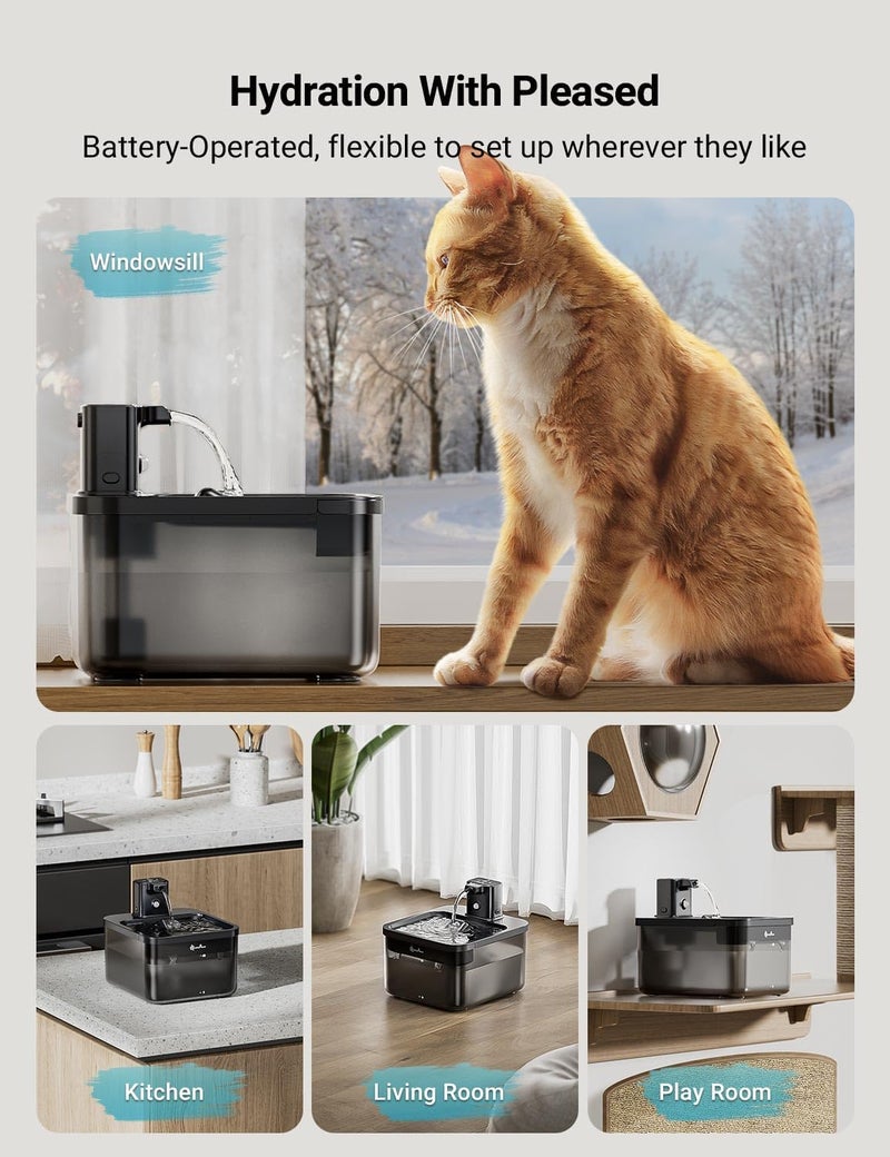 DownyPaws Battery Operated Cat Water Fountain, 84oz/2.5L Fursink Wireless Cat Waterer Fountain with Motion Sensor, BPA-Free, Black with 6 Filters - Image 2